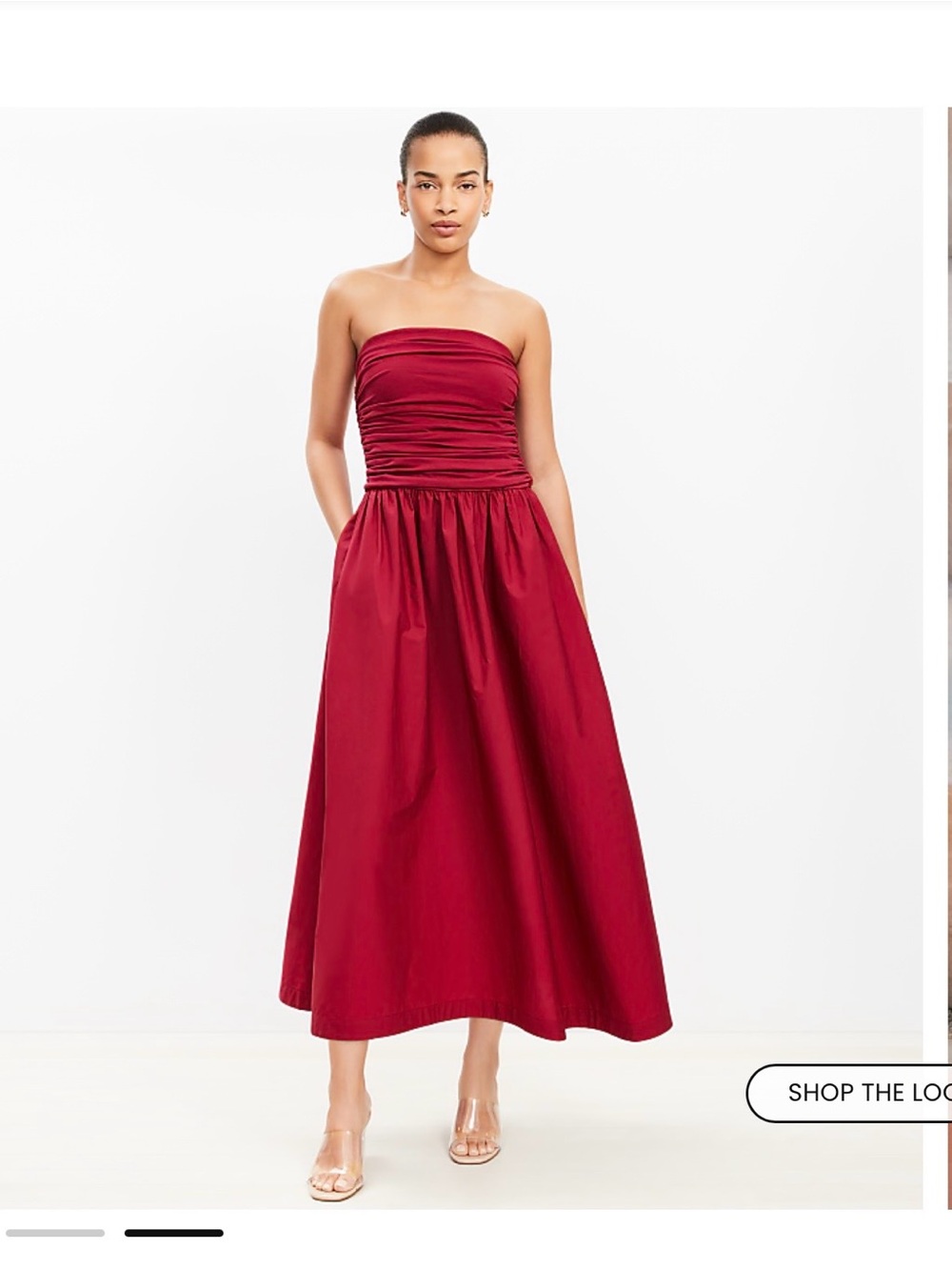 Loft brand Strapless Ruched Bodice mixed media Midi Dress in Deep Red size Small